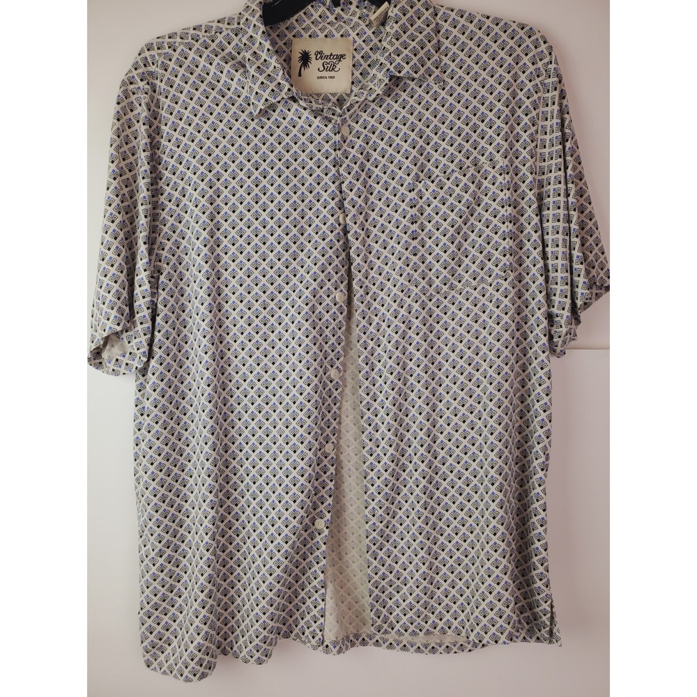 Vintage Silk Mens Geometric White Blue Button Front Retro Bowling Shirt XXL